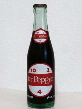 Vintage FULL 10 2 4 Dr Pepper 6 1/2 Oz Glass SODA Bottle, Red & White Paint
